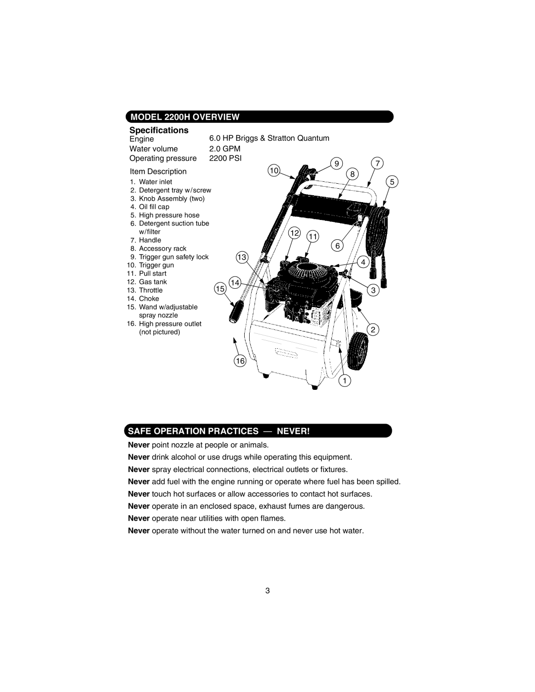 Cub Cadet manual Model 2200H Overview, Specifications, Safe Operation Practices Never 