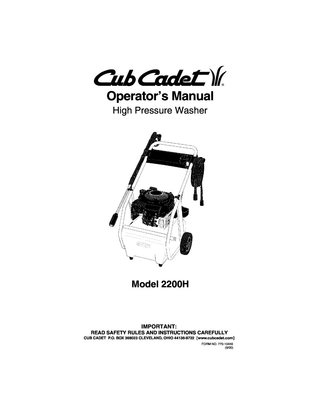Cub Cadet manual Read Safety Rules And Instructions Carefully, Operator’s Manual, High Pressure Washer, Model 2200H 