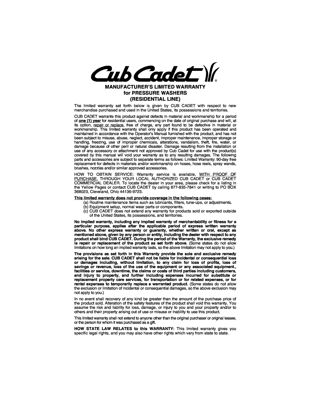 Cub Cadet 2200H manual Manufacturer’S Limited Warranty, for PRESSURE WASHERS RESIDENTIAL LINE 