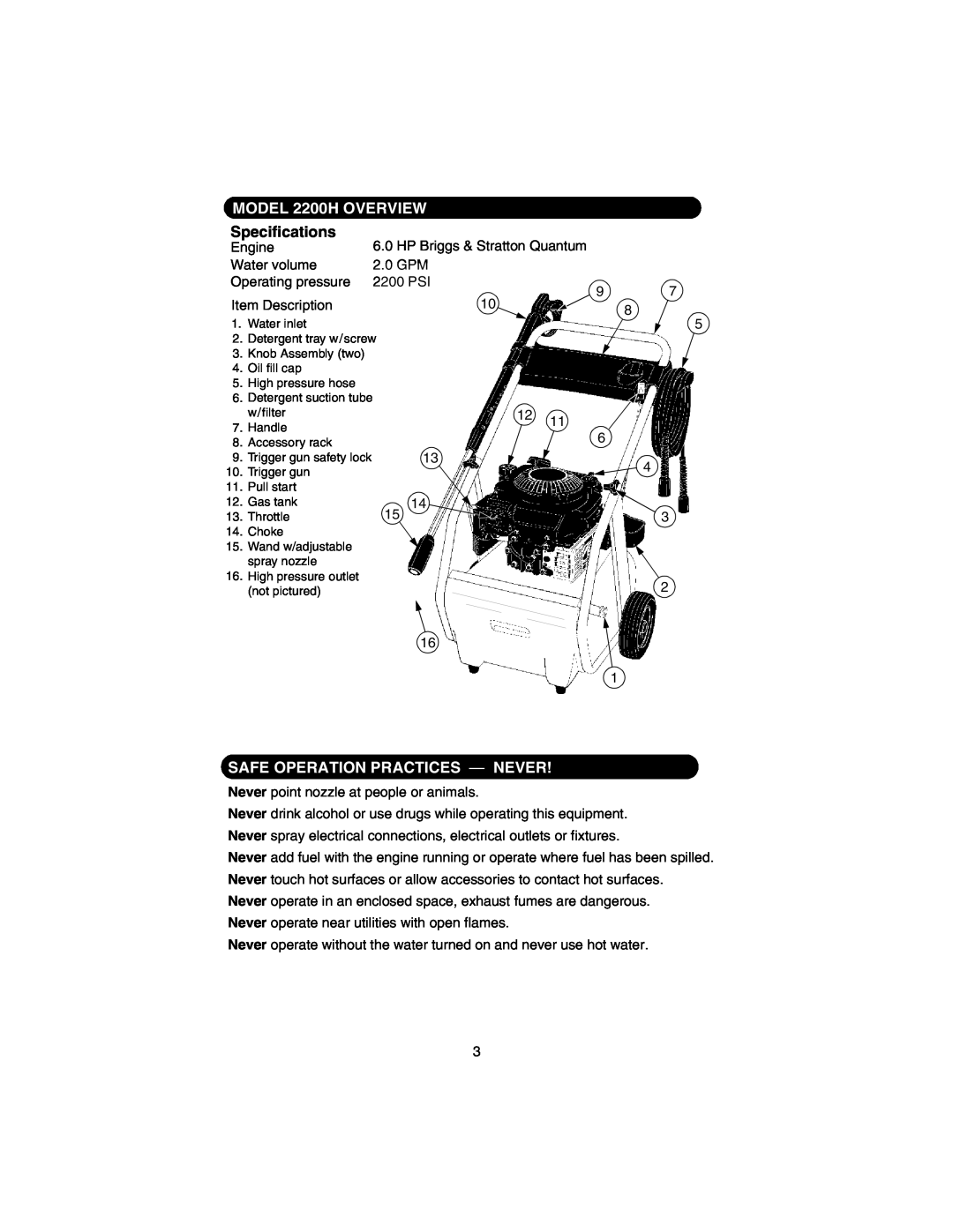 Cub Cadet manual MODEL 2200H OVERVIEW, Specifications, Safe Operation Practices — Never 