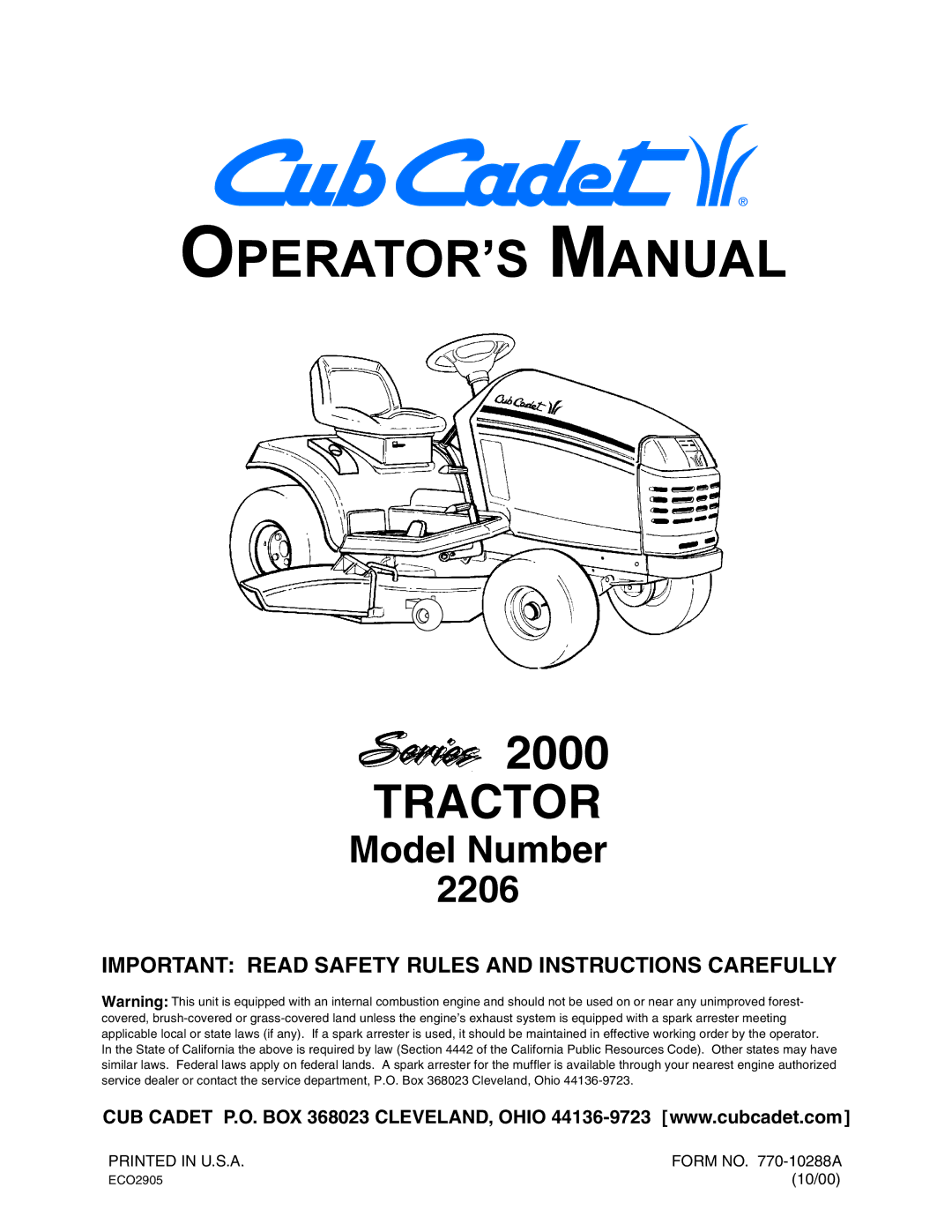 Cub Cadet 2206 manual OPERATOR’S Manual, Important Read Safety Rules and Instructions Carefully 