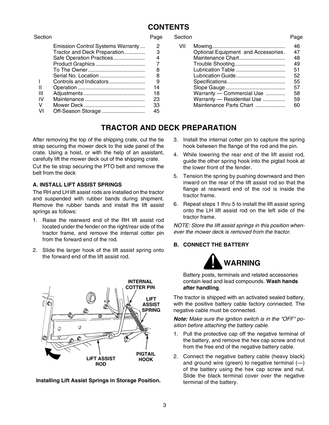 Cub Cadet 2206 manual Contents, Tractor and Deck Preparation 