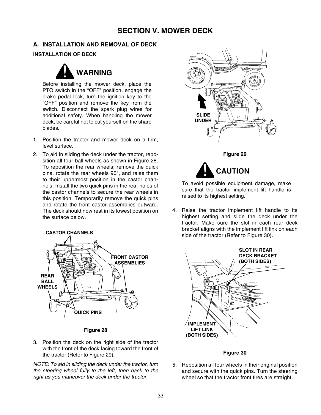 Cub Cadet 2206 manual Section V. Mower Deck, Installation of Deck 