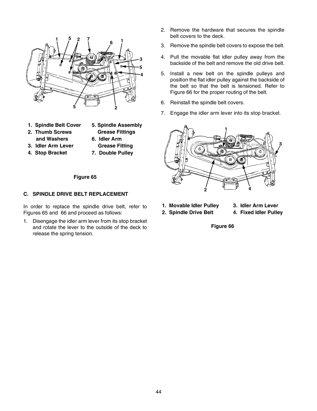 Cub Cadet 2206 manual Spindle Drive Belt Replacement, Movable Idler Pulley Idler Arm Lever Spindle Drive Belt 