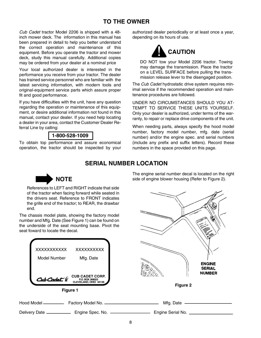 Cub Cadet 2206 manual To the Owner, Serial Number Location 