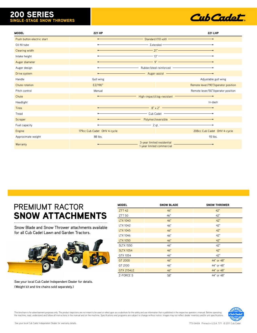 Cub Cadet 221 LHP specifications Snow Attachments, Series, Premiumt Ractor, Single-Stagesnow Throwers 