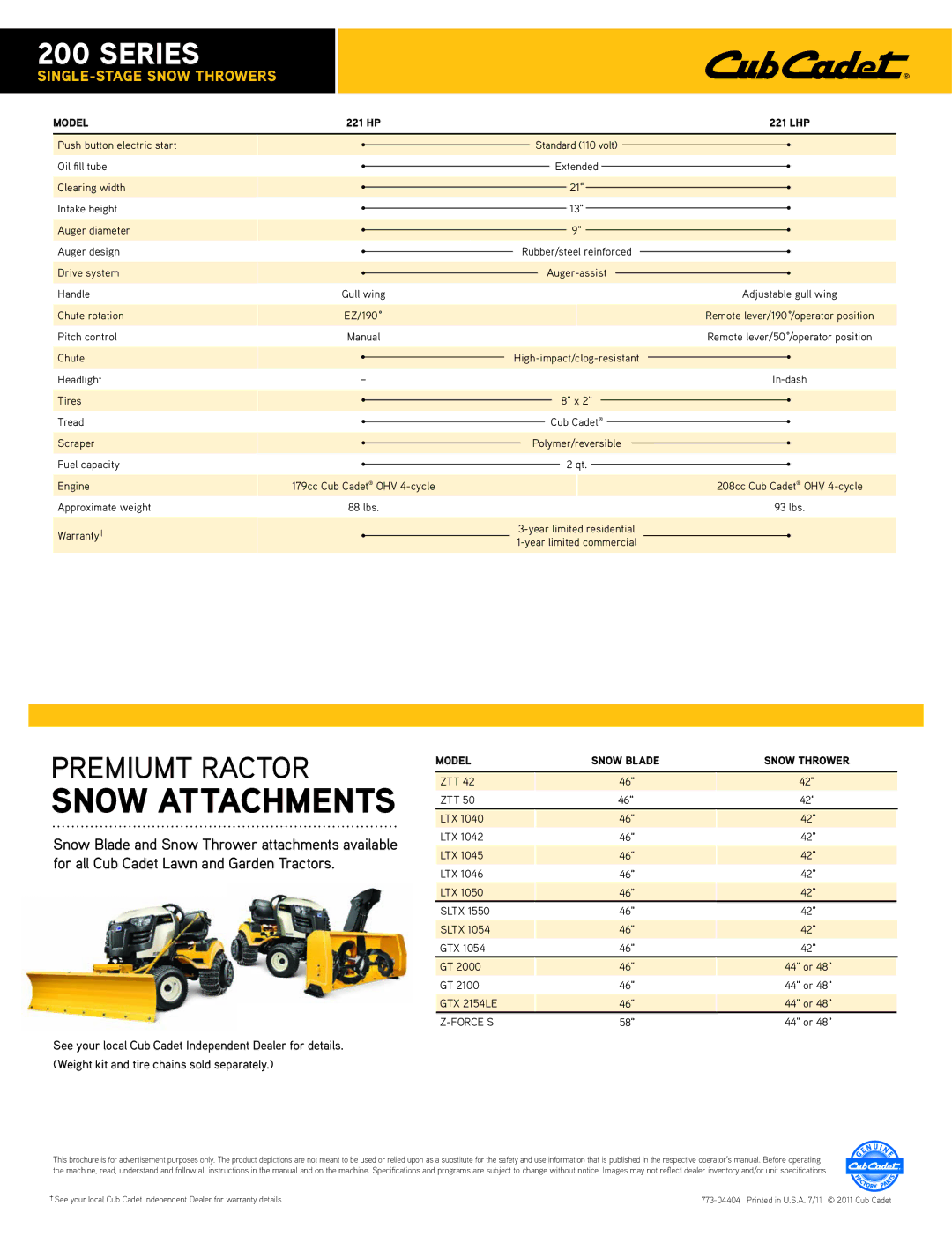 Cub Cadet 221 LHP specifications Snow Attachments 