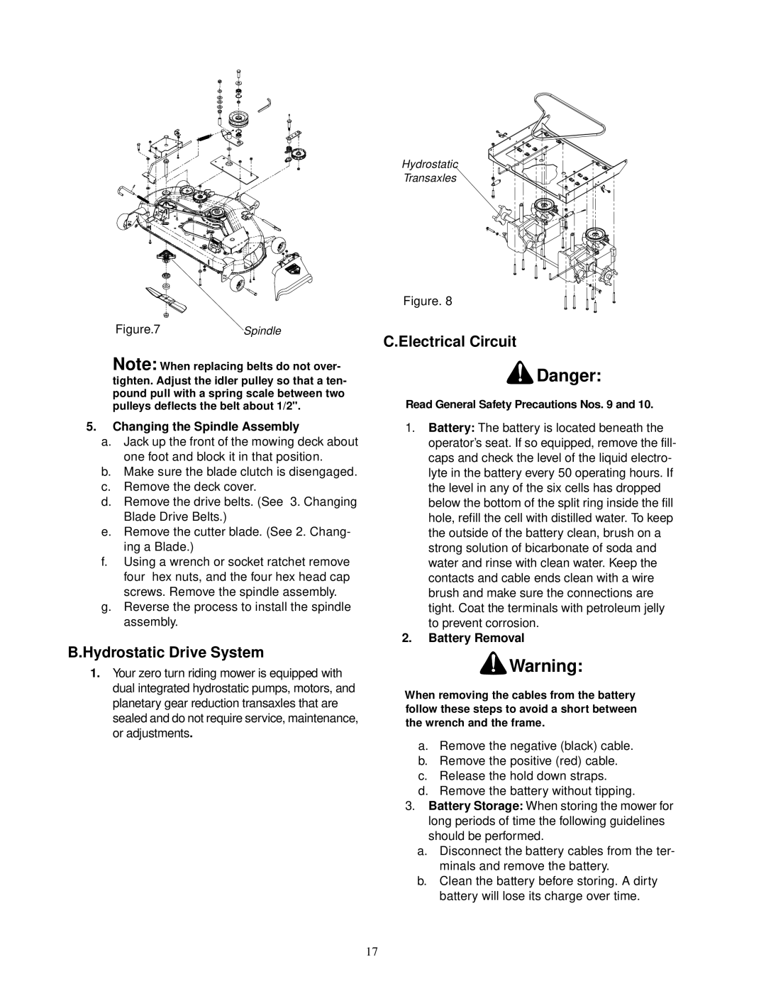 Cub Cadet 18.5HP Z-Force 42 Electrical Circuit, Hydrostatic Drive System, Changing the Spindle Assembly, Battery Removal 