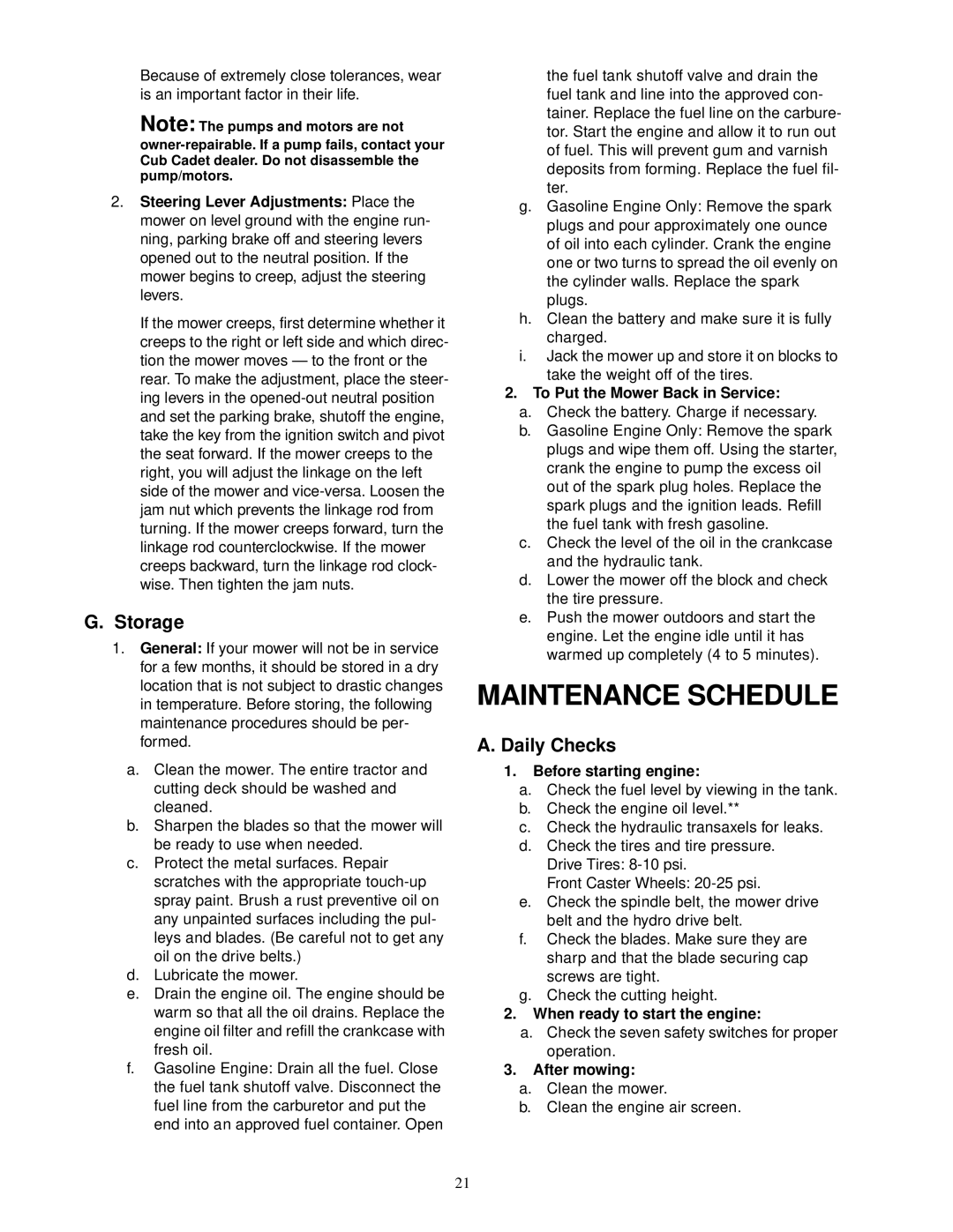 Cub Cadet 18.5HP Z-Force 42, 22HP Z-Force 48 service manual Maintenance Schedule, Storage, Daily Checks 