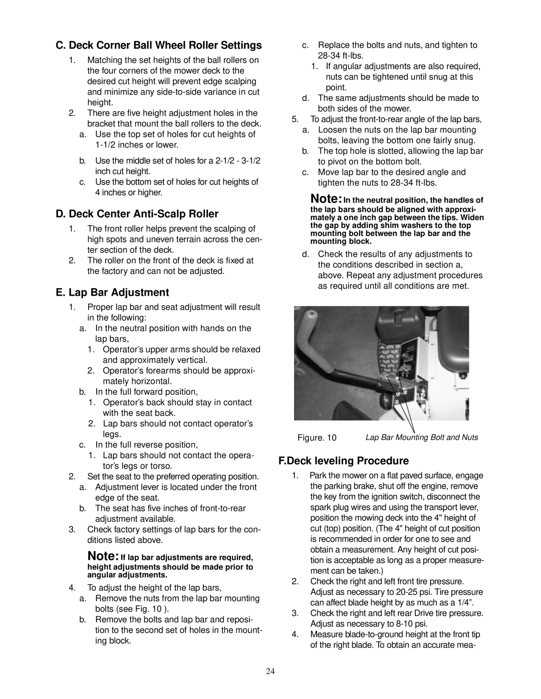 Cub Cadet 22HP Z-Force 48 Deck Corner Ball Wheel Roller Settings, Deck Center Anti-Scalp Roller, Lap Bar Adjustment 