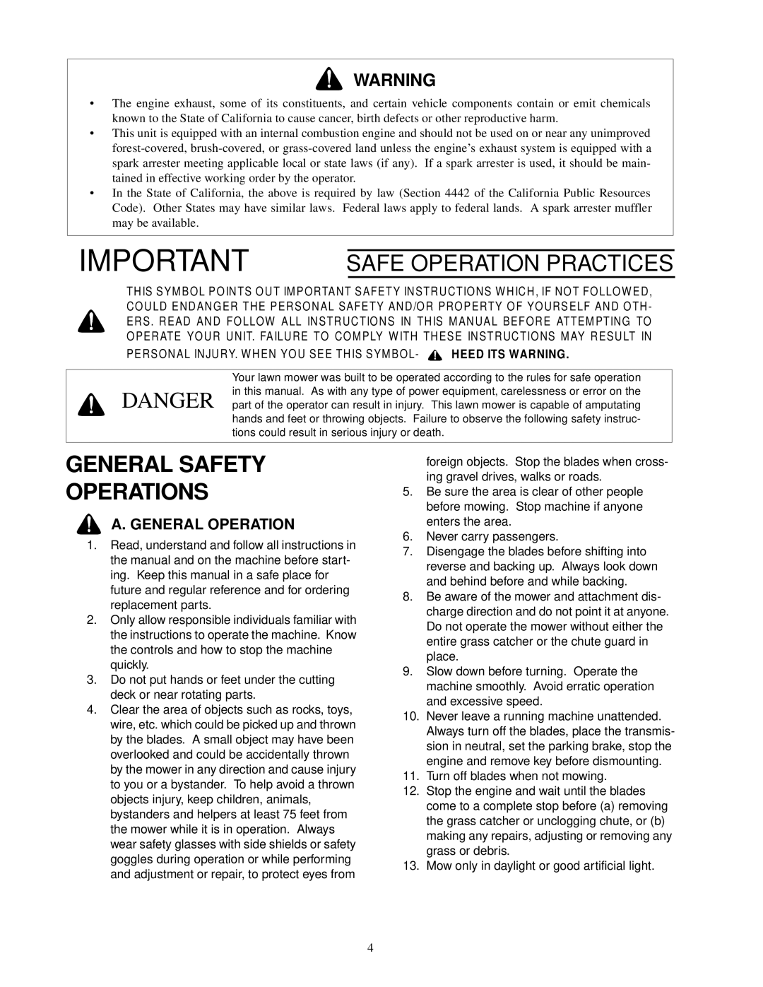 Cub Cadet 22HP Z-Force 48, 18.5HP Z-Force 42 service manual Safe Operation Practices, General Safety Operations 