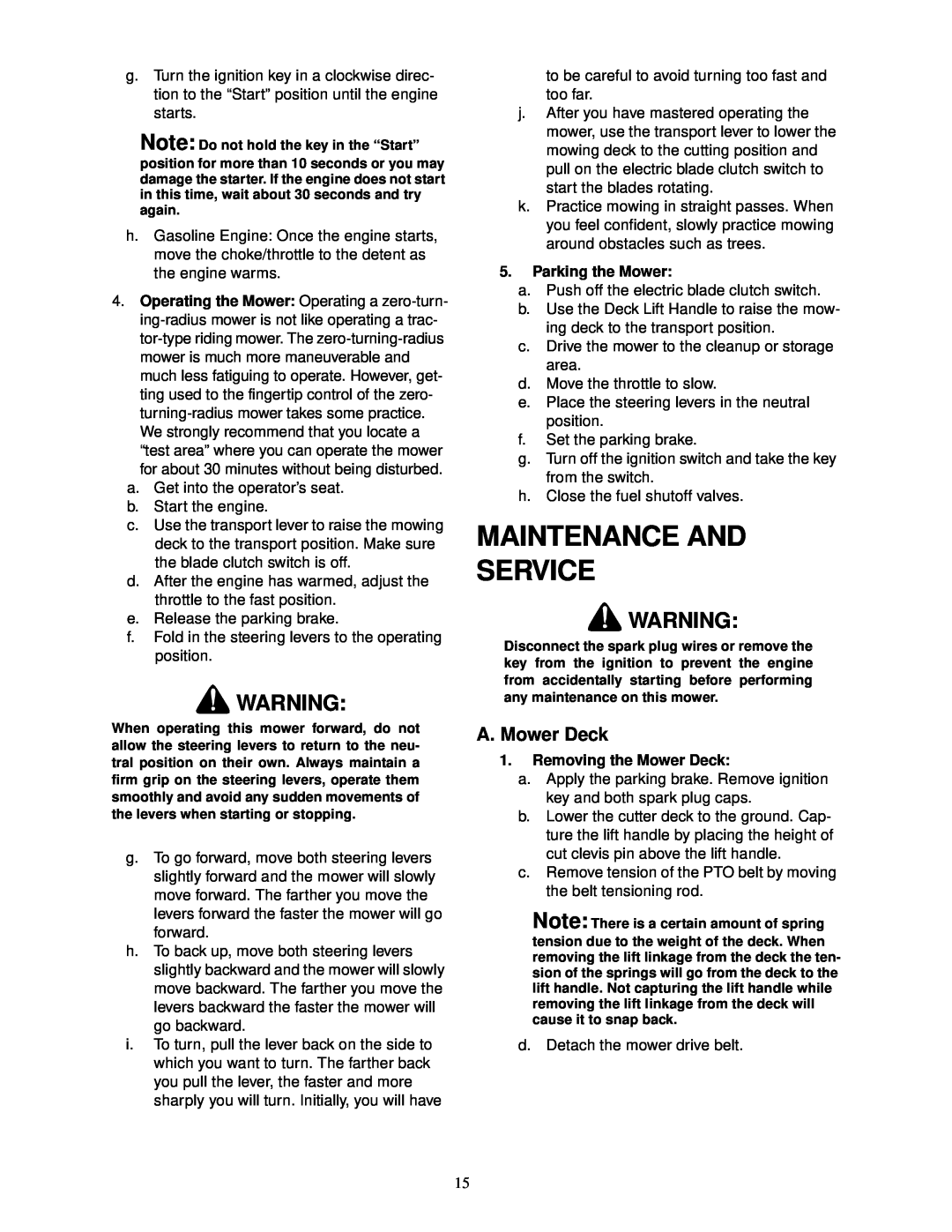Cub Cadet 18.5HP Z-Force 42, 22HP Z-Force 48 service manual Maintenance And Service, A. Mower Deck 