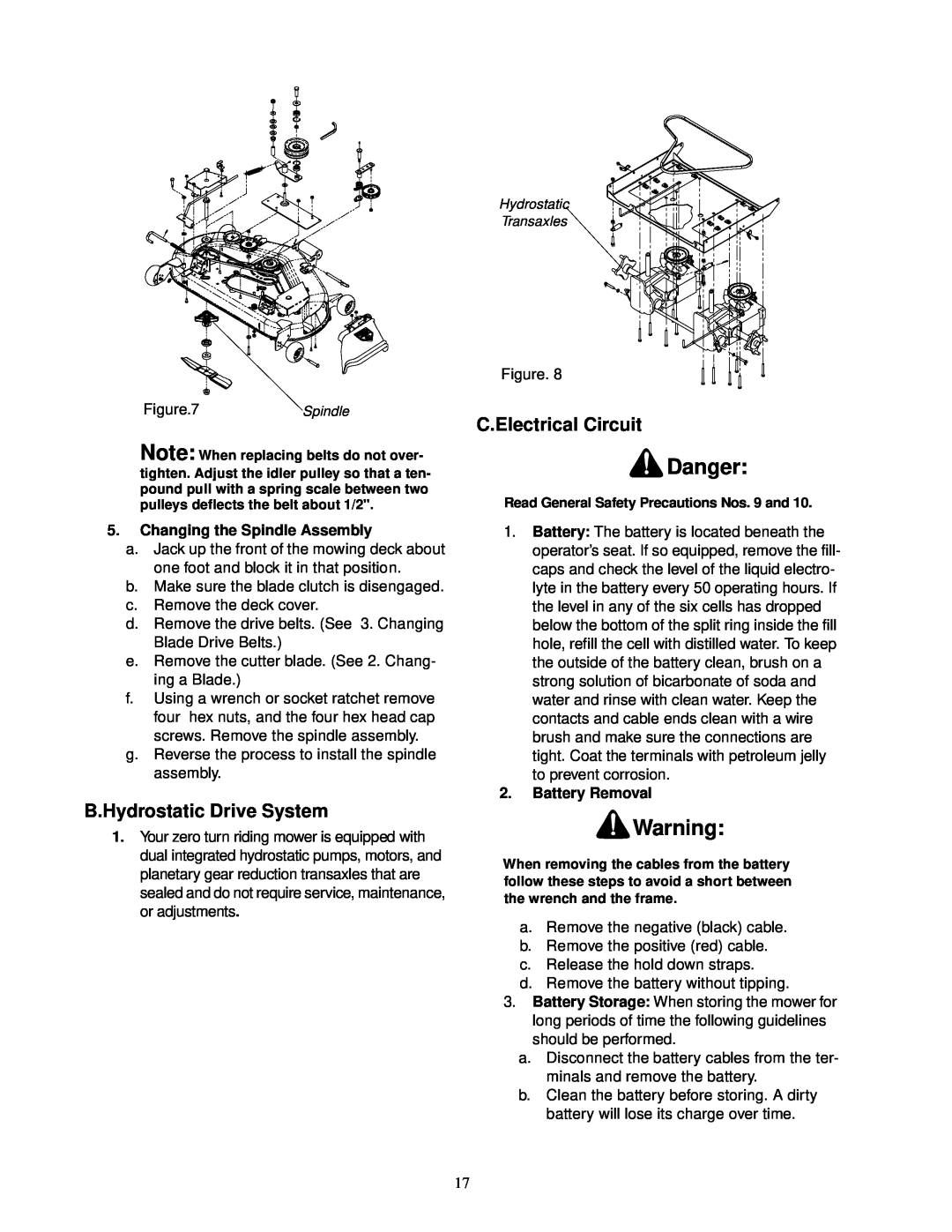 Cub Cadet 18.5HP Z-Force 42, 22HP Z-Force 48 service manual Danger, C.Electrical Circuit, B.Hydrostatic Drive System 