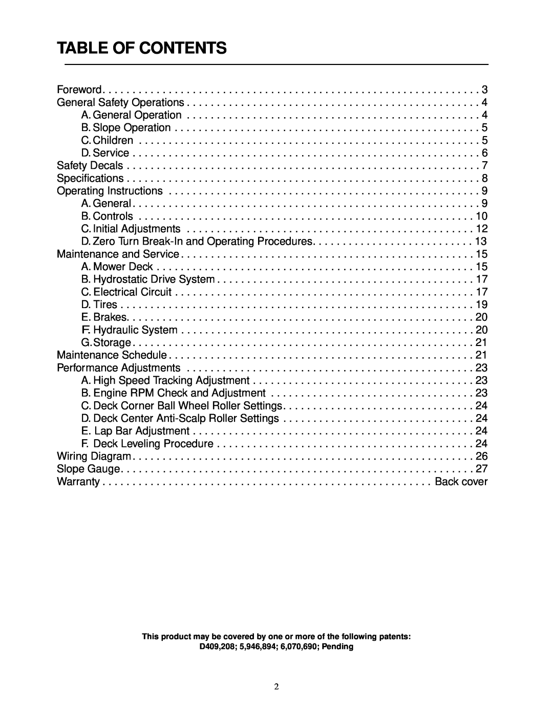 Cub Cadet 22HP Z-Force 48 Table Of Contents, This product may be covered by one or more of the following patents 