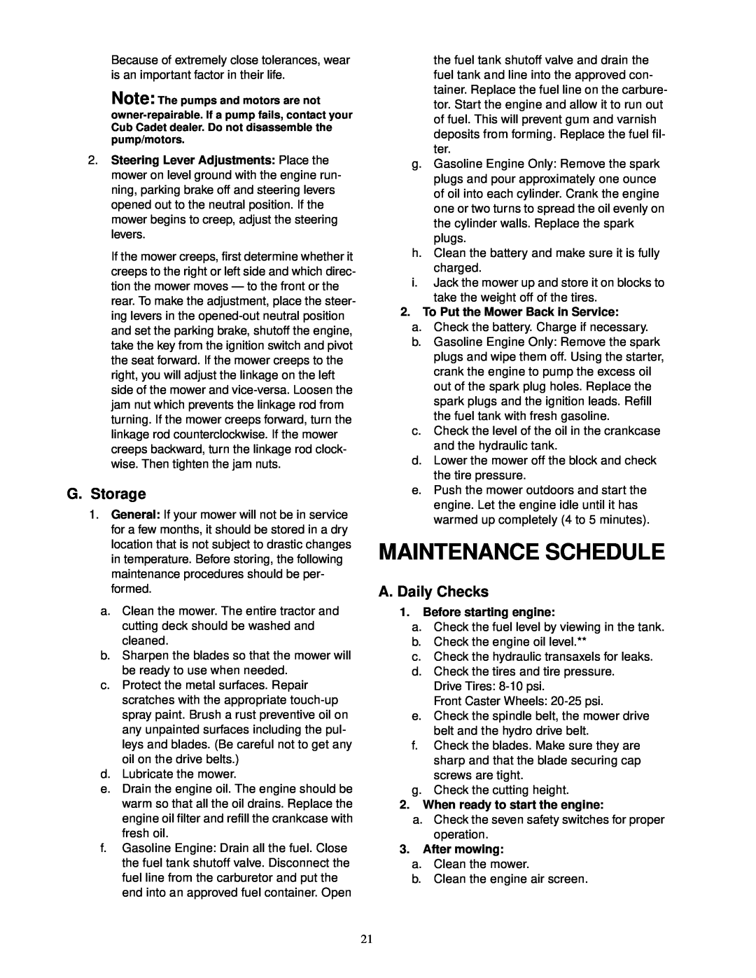Cub Cadet 18.5HP Z-Force 42, 22HP Z-Force 48 service manual Maintenance Schedule, G. Storage, A. Daily Checks 