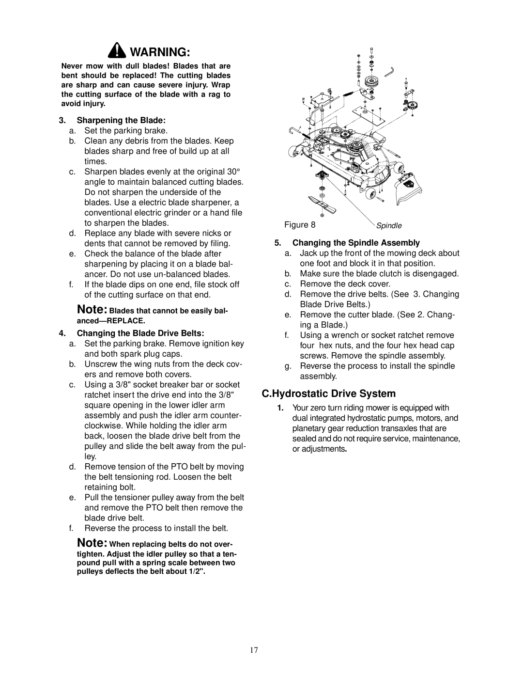 Cub Cadet 23HP Z-Force 50 service manual Hydrostatic Drive System, Sharpening the Blade, Changing the Blade Drive Belts 