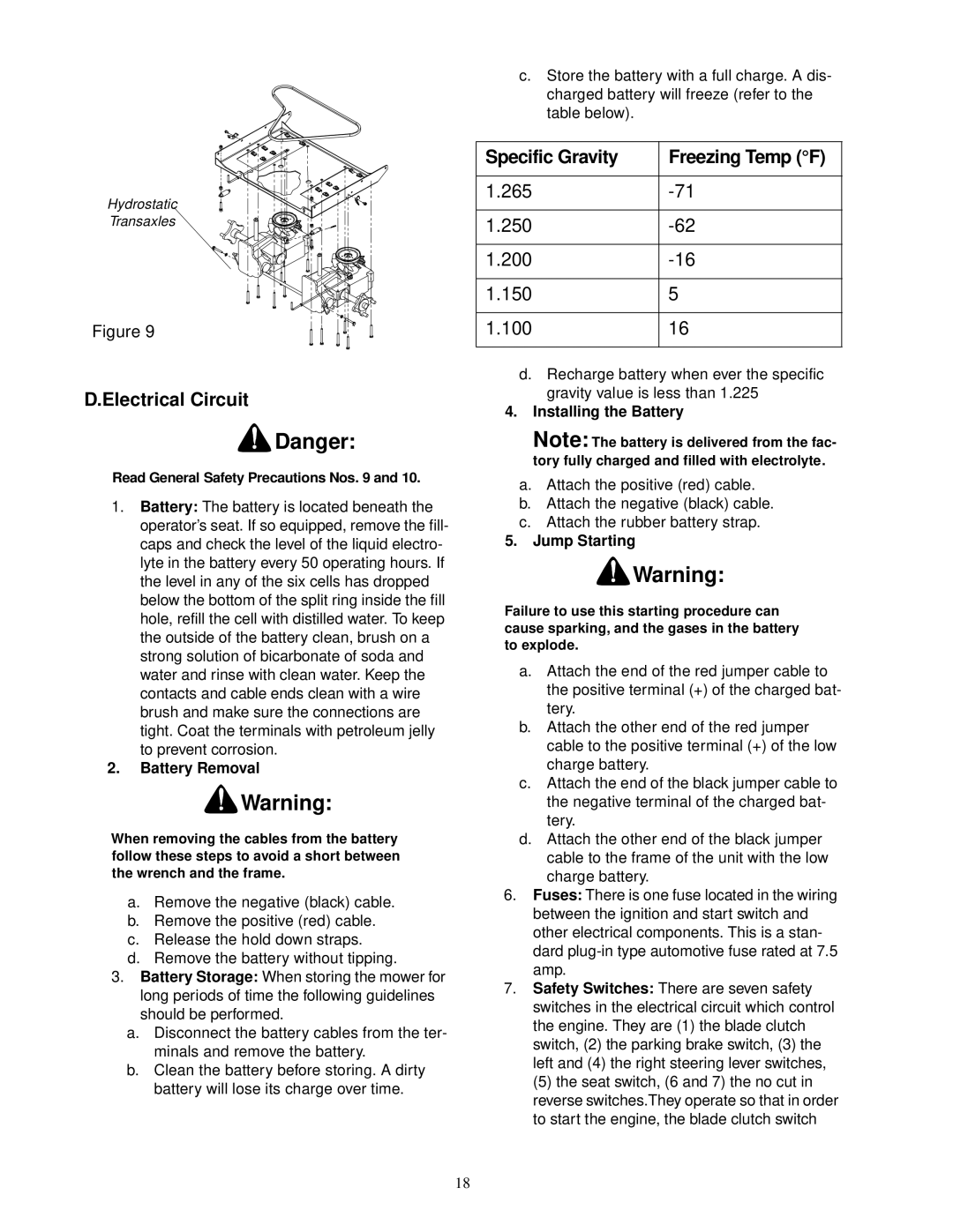 Cub Cadet 23HP Z-Force 50 Electrical Circuit, Specific Gravity Freezing Temp F, Battery Removal, Installing the Battery 