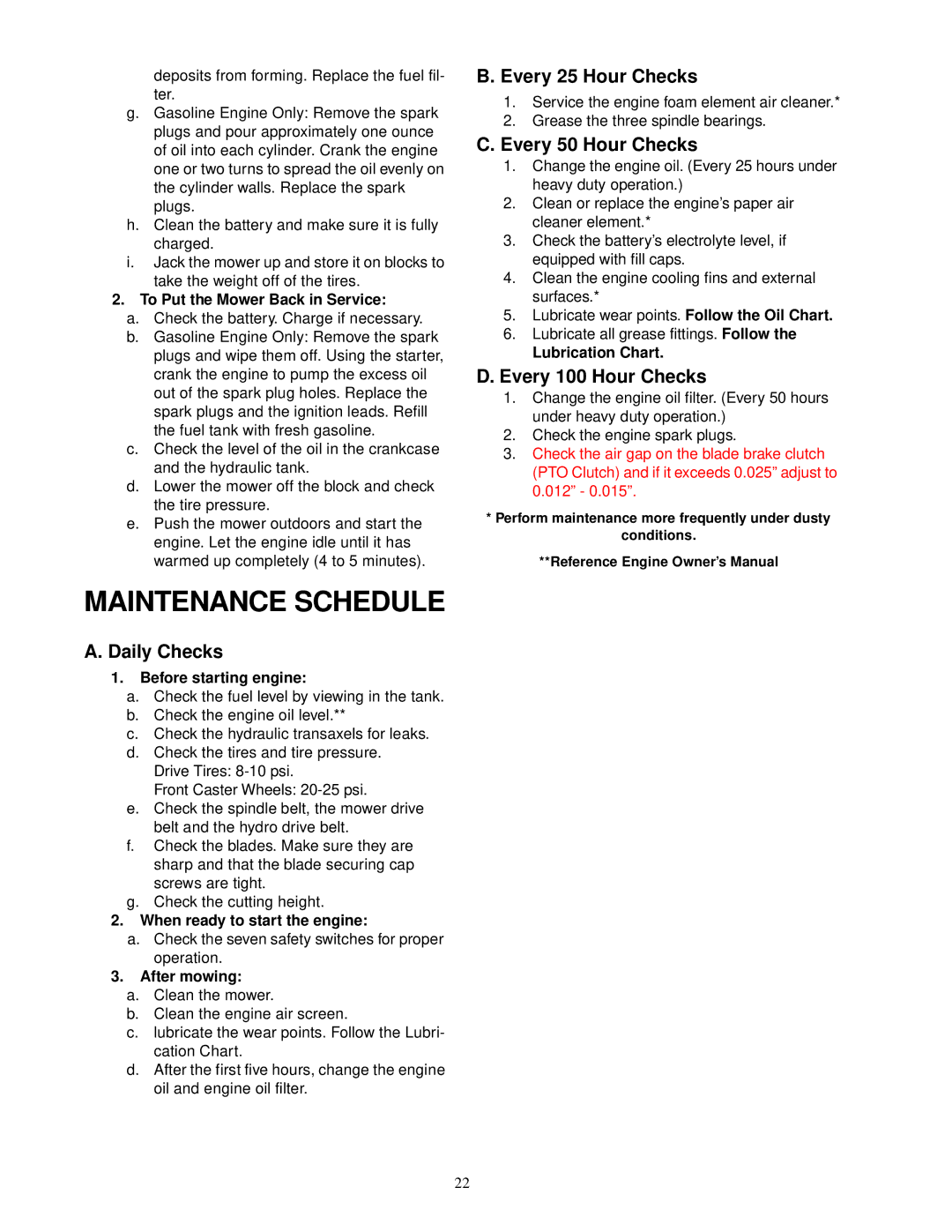 Cub Cadet 23HP Z-Force 50 service manual Maintenance Schedule, Daily Checks, Every 25 Hour Checks, Every 50 Hour Checks 