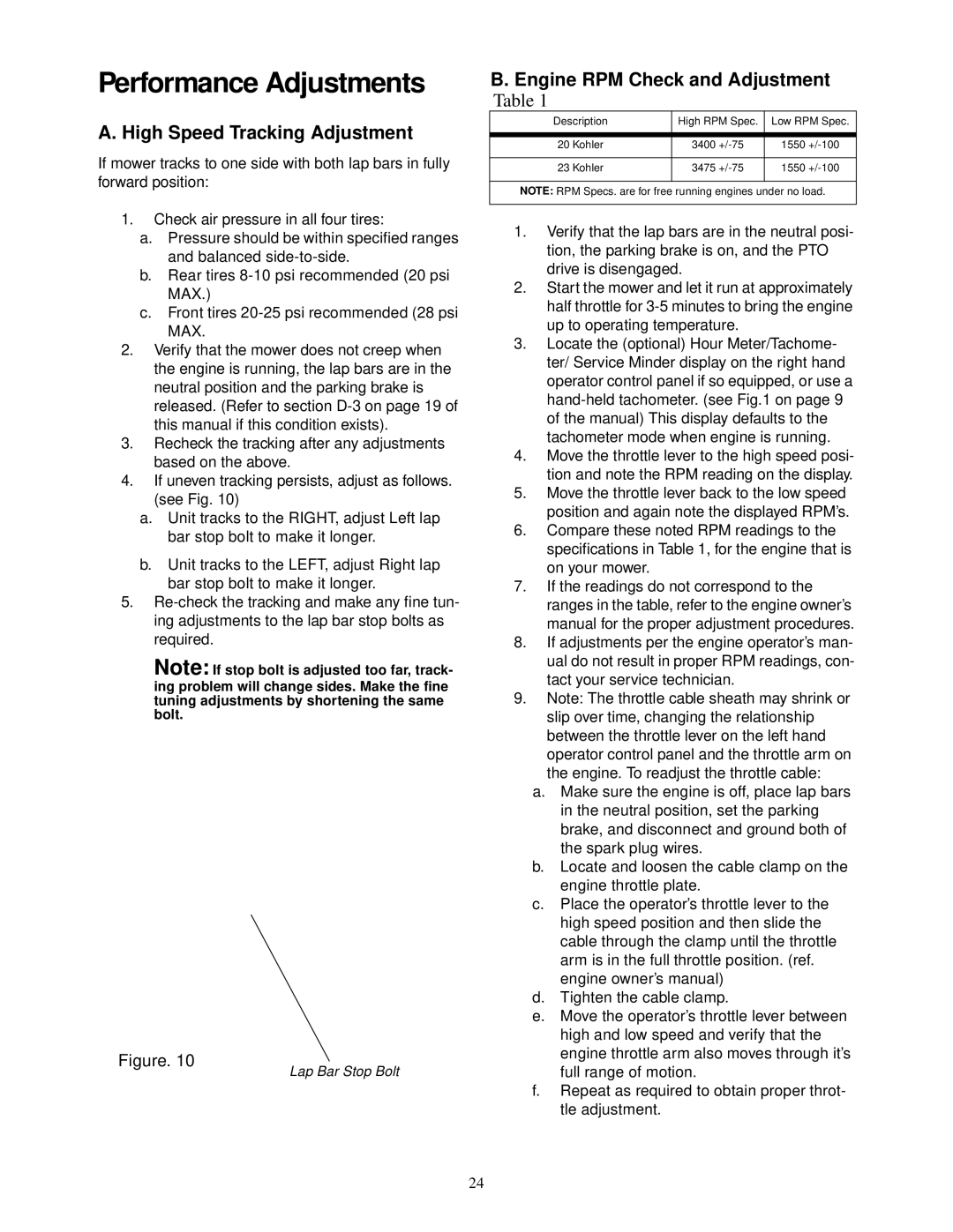 Cub Cadet 23HP Z-Force 50 service manual High Speed Tracking Adjustment, Engine RPM Check and Adjustment 