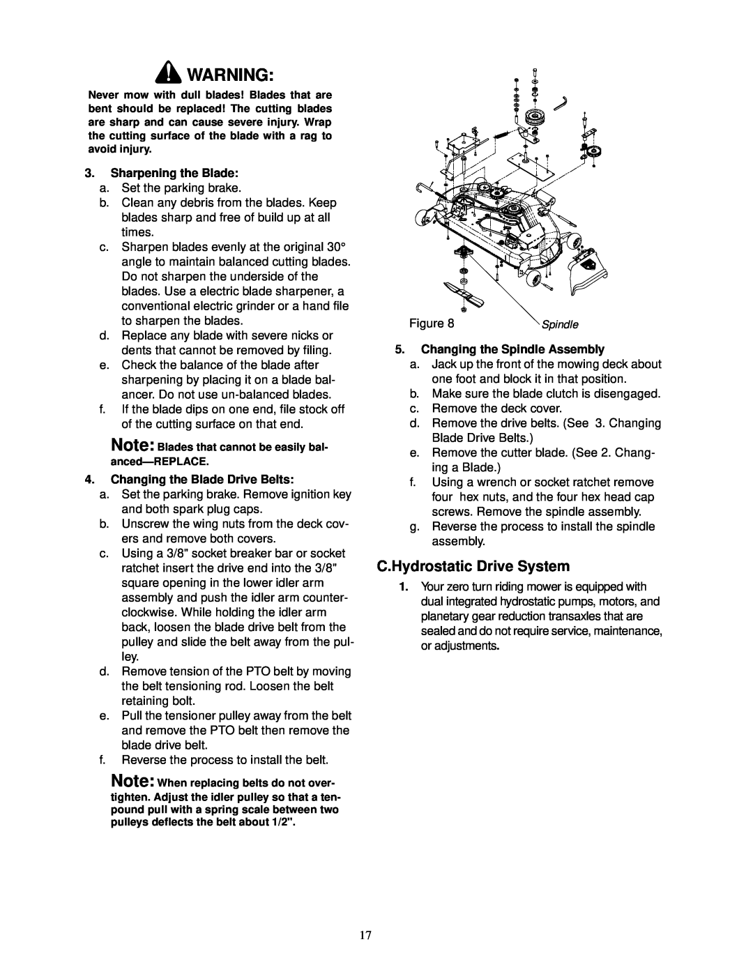 Cub Cadet 23HP Z-Force 50 service manual C.Hydrostatic Drive System, Sharpening the Blade, Changing the Blade Drive Belts 