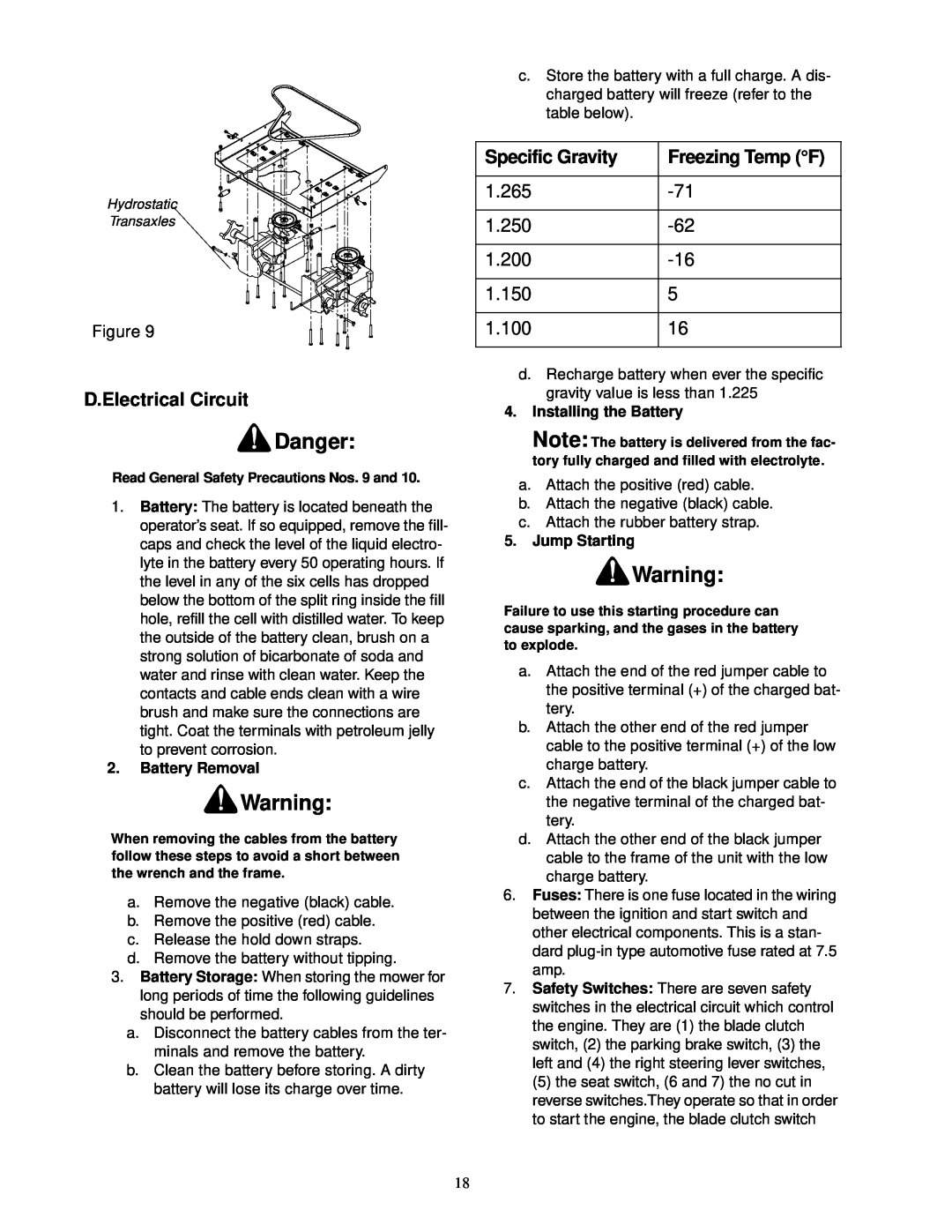 Cub Cadet 23HP Z-Force 50 service manual Danger, D.Electrical Circuit, Specific Gravity, Freezing Temp F 