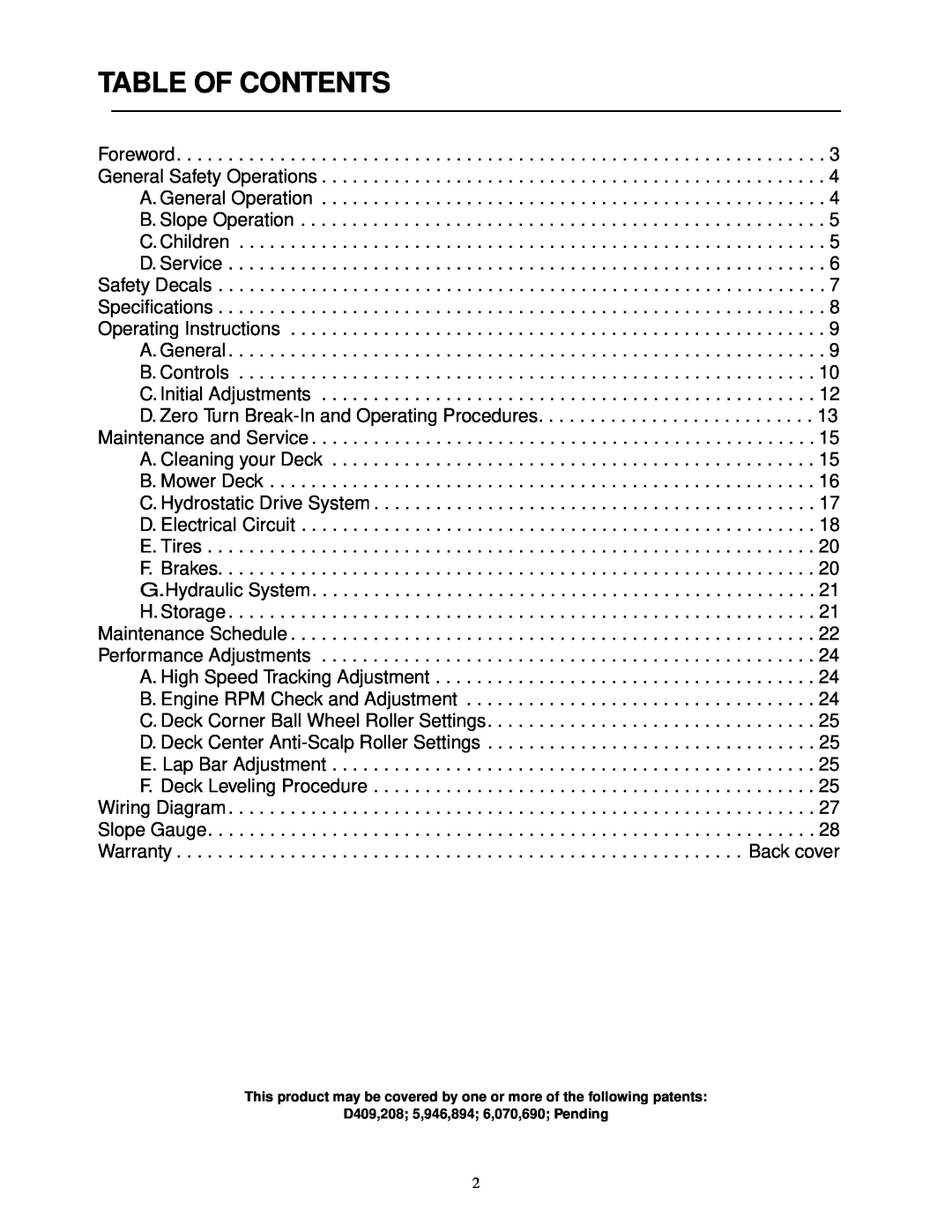 Cub Cadet 23HP Z-Force 50 service manual Table Of Contents 