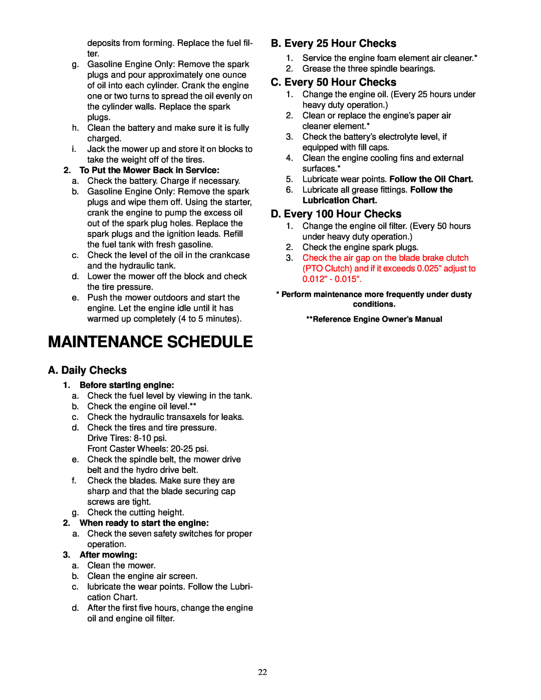 Cub Cadet 23HP Z-Force 50 Maintenance Schedule, A. Daily Checks, B. Every 25 Hour Checks, C. Every 50 Hour Checks 