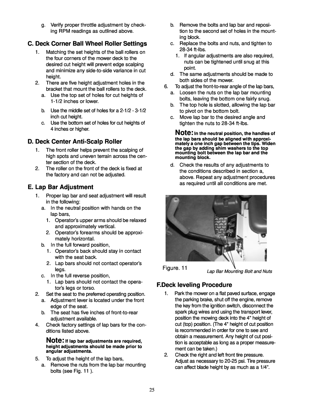 Cub Cadet 23HP Z-Force 50 service manual C. Deck Corner Ball Wheel Roller Settings, D. Deck Center Anti-Scalp Roller 