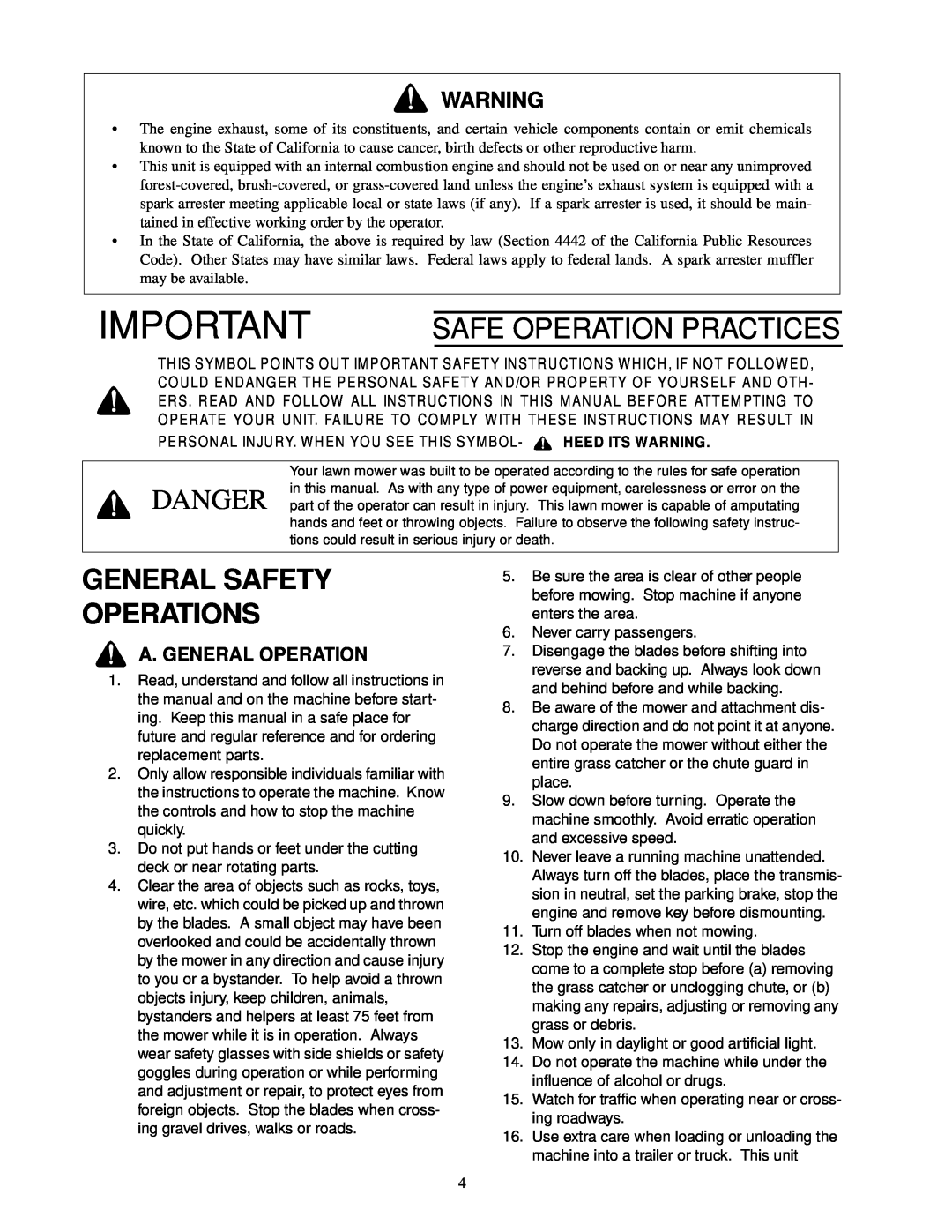 Cub Cadet 23HP Z-Force 50 service manual General Safety Operations, Safe Operation Practices 