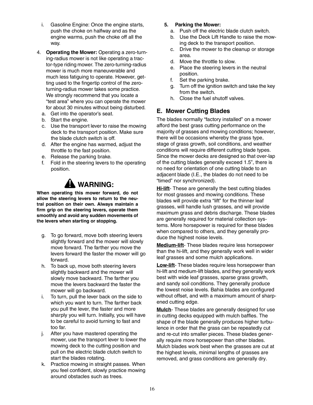 Cub Cadet 23HP Z-Force 60 service manual Mower Cutting Blades, Parking the Mower 