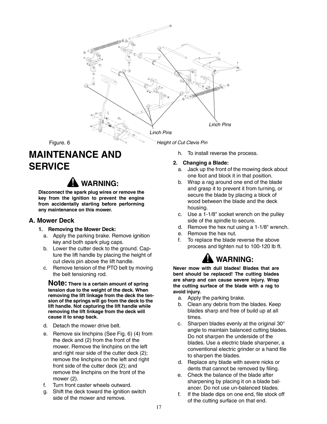 Cub Cadet 23HP Z-Force 60 service manual Maintenance Service, Removing the Mower Deck, Changing a Blade 