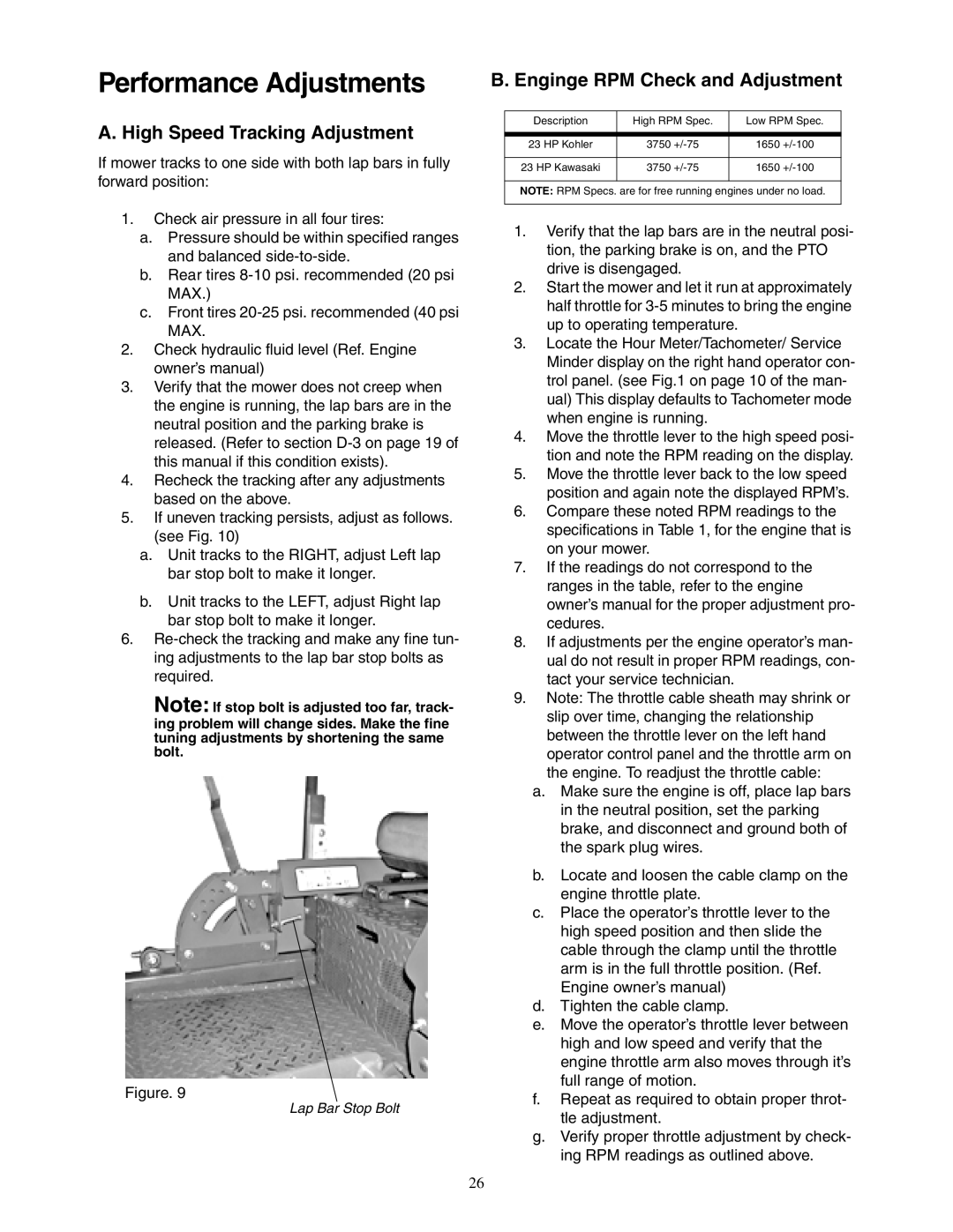 Cub Cadet 23HP Z-Force 60 service manual High Speed Tracking Adjustment, Enginge RPM Check and Adjustment 