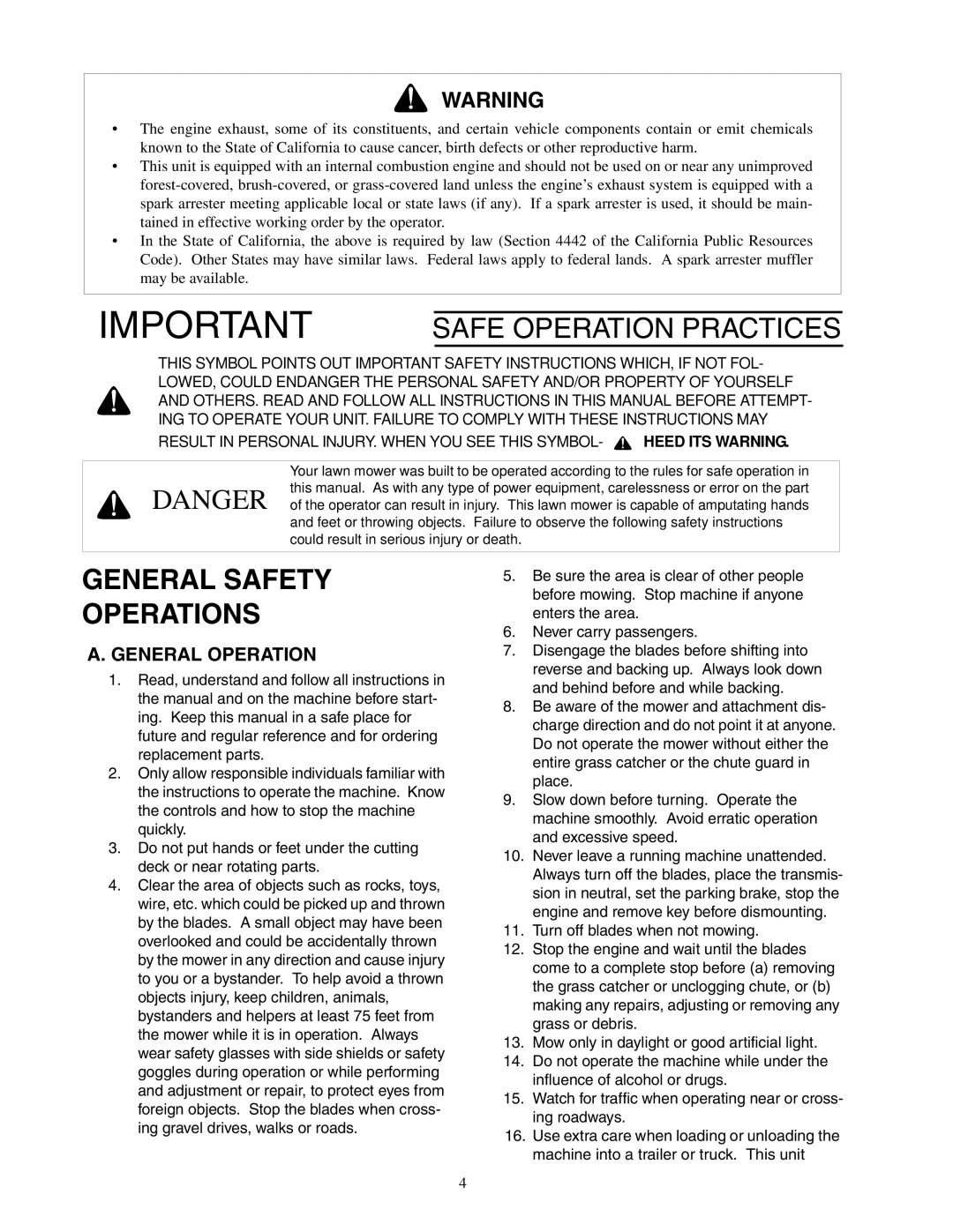 Cub Cadet 23HP Z-Force 60 service manual General Safety Operations, General Operation 