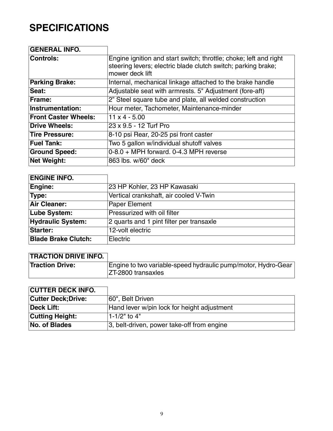 Cub Cadet 23HP Z-Force 60 service manual Specifications, General Info, Engine Info, Traction Drive Info, Cutter Deck Info 