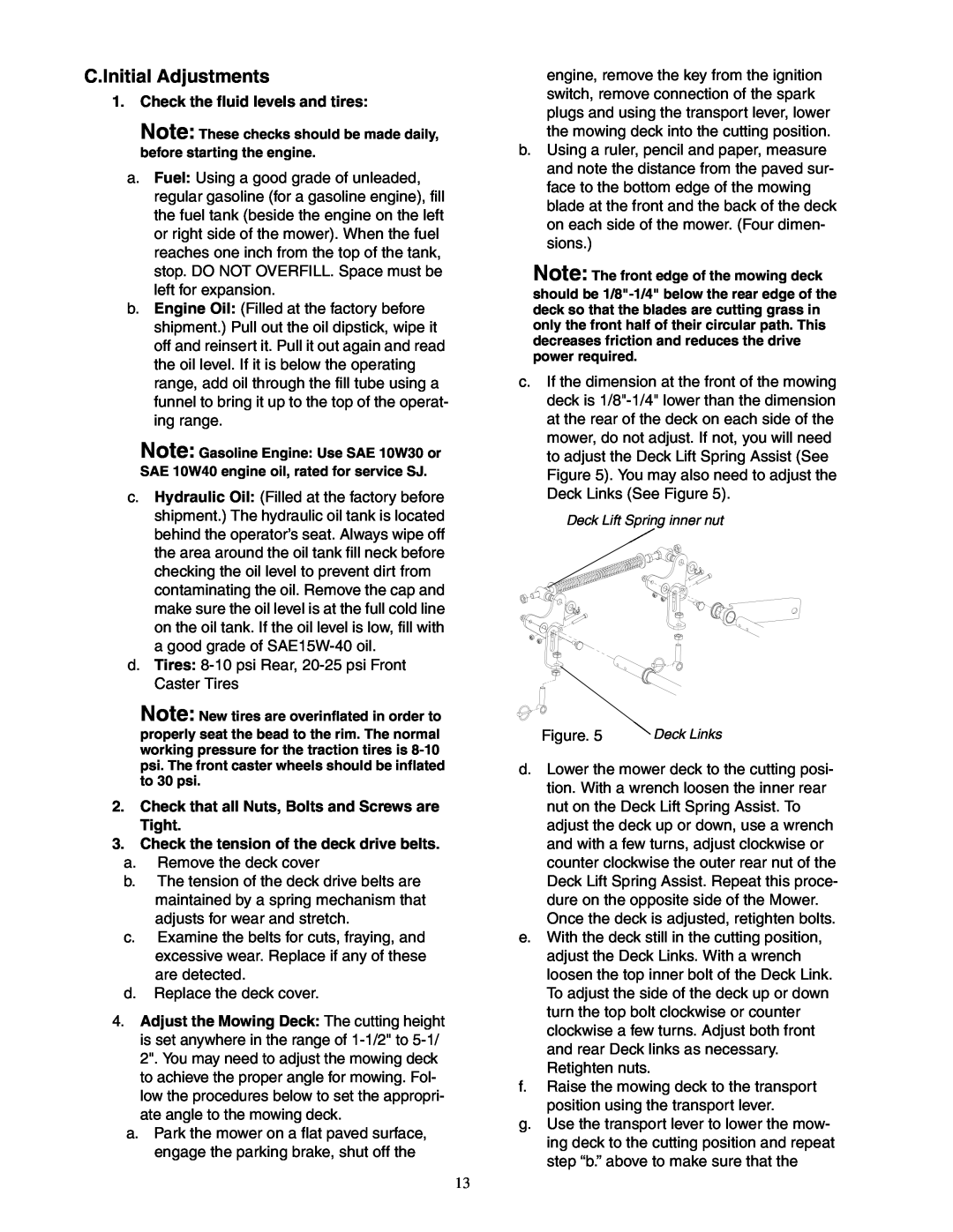 Cub Cadet 23HP Z-Force 60 service manual C.Initial Adjustments, Check the fluid levels and tires 