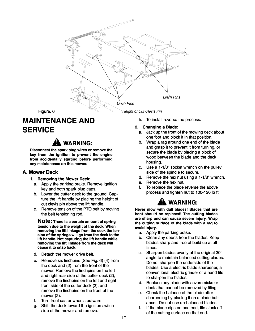 Cub Cadet 23HP Z-Force 60 service manual Maintenance And Service, A. Mower Deck 