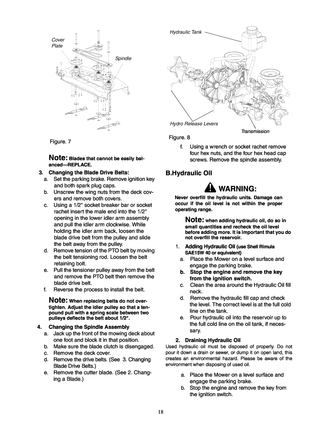 Cub Cadet 23HP Z-Force 60 service manual B.Hydraulic Oil, Changing the Blade Drive Belts, Changing the Spindle Assembly 