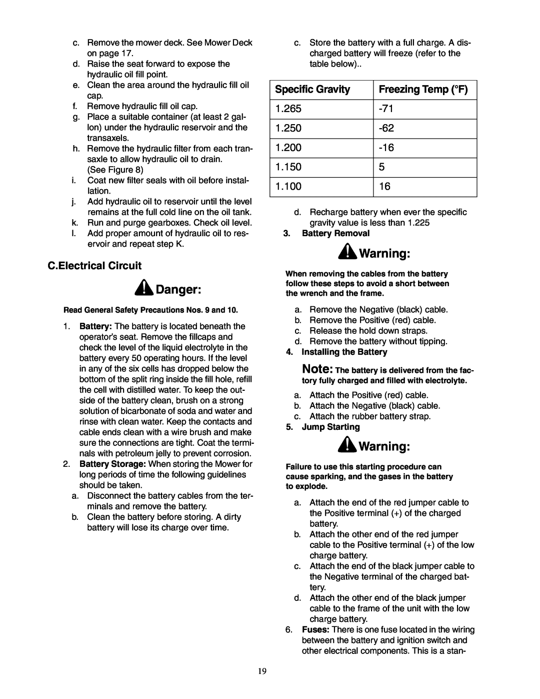 Cub Cadet 23HP Z-Force 60 service manual Danger, C.Electrical Circuit, Specific Gravity, Freezing Temp F 
