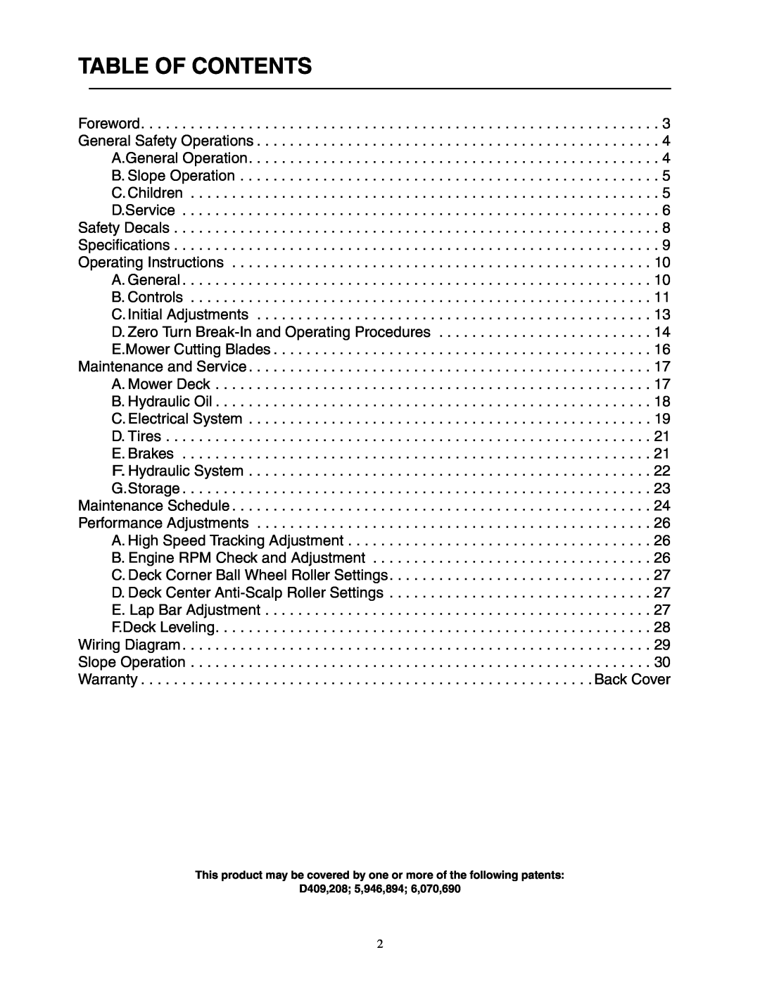 Cub Cadet 23HP Z-Force 60 service manual Table Of Contents 