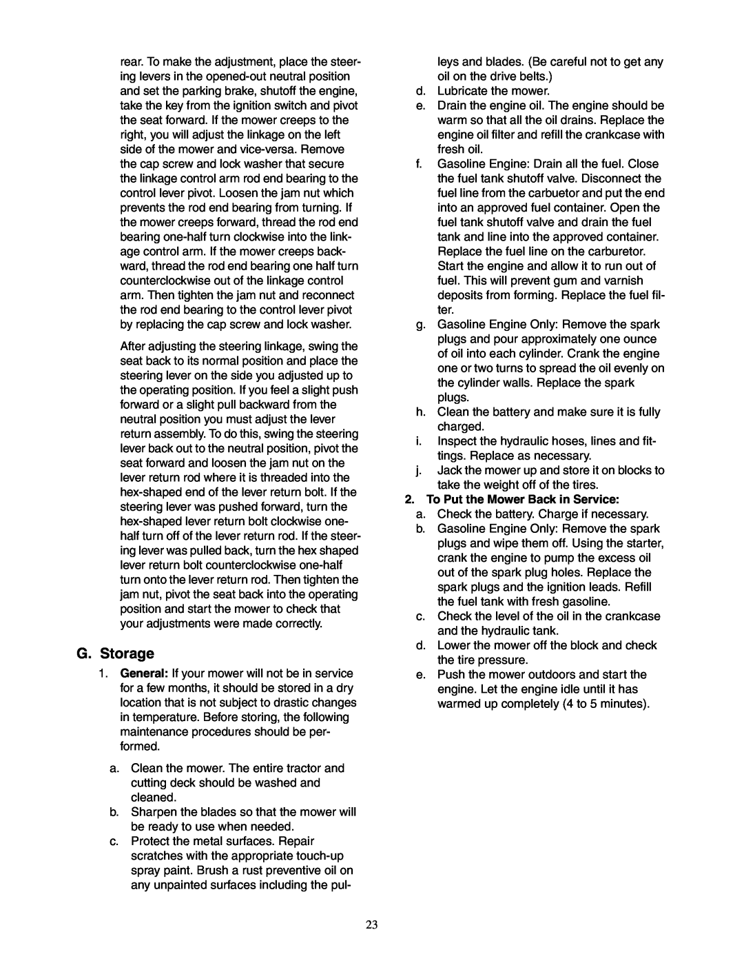 Cub Cadet 23HP Z-Force 60 service manual G. Storage, To Put the Mower Back in Service 