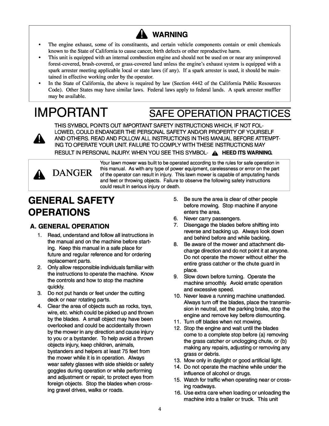 Cub Cadet 23HP Z-Force 60 service manual General Safety Operations, A. General Operation, Safe Operation Practices 