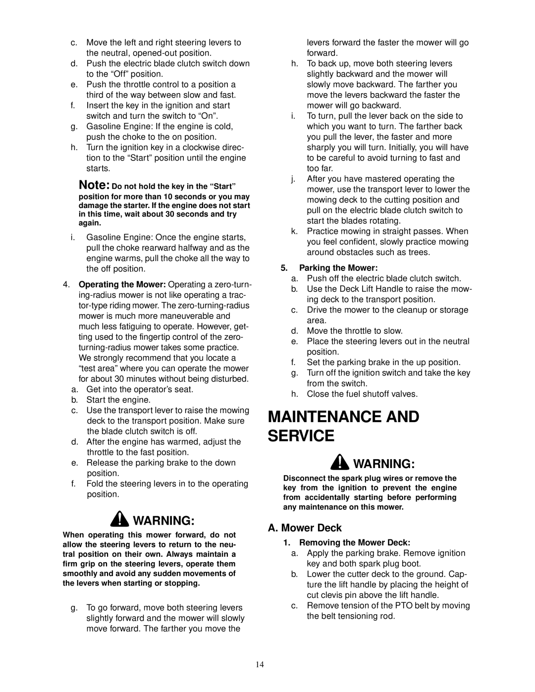 Cub Cadet 23HP service manual Maintenance Service, Parking the Mower, Removing the Mower Deck 