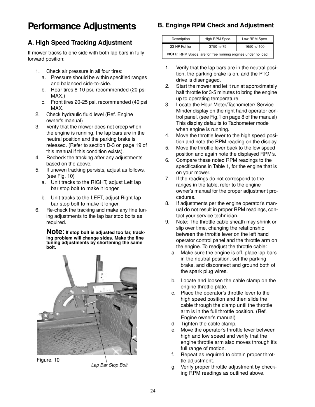 Cub Cadet 23HP service manual High Speed Tracking Adjustment, Enginge RPM Check and Adjustment 