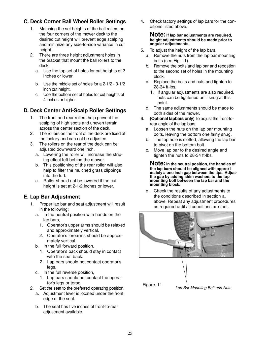 Cub Cadet 23HP Deck Corner Ball Wheel Roller Settings, Deck Center Anti-Scalp Roller Settings, Lap Bar Adjustment 