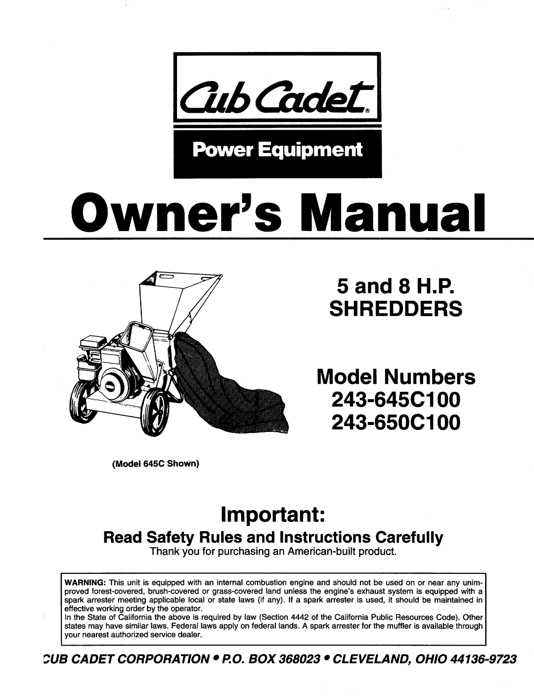 Cub Cadet 243-650C100, 243-645C100 manual 