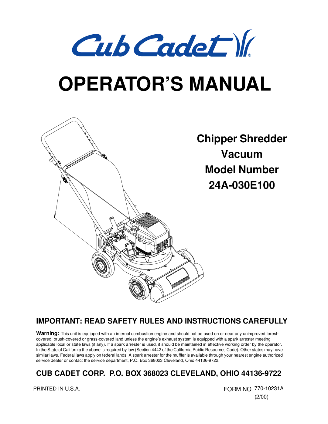 Cub Cadet 24A-030E100 manual OPERATOR’S Manual 