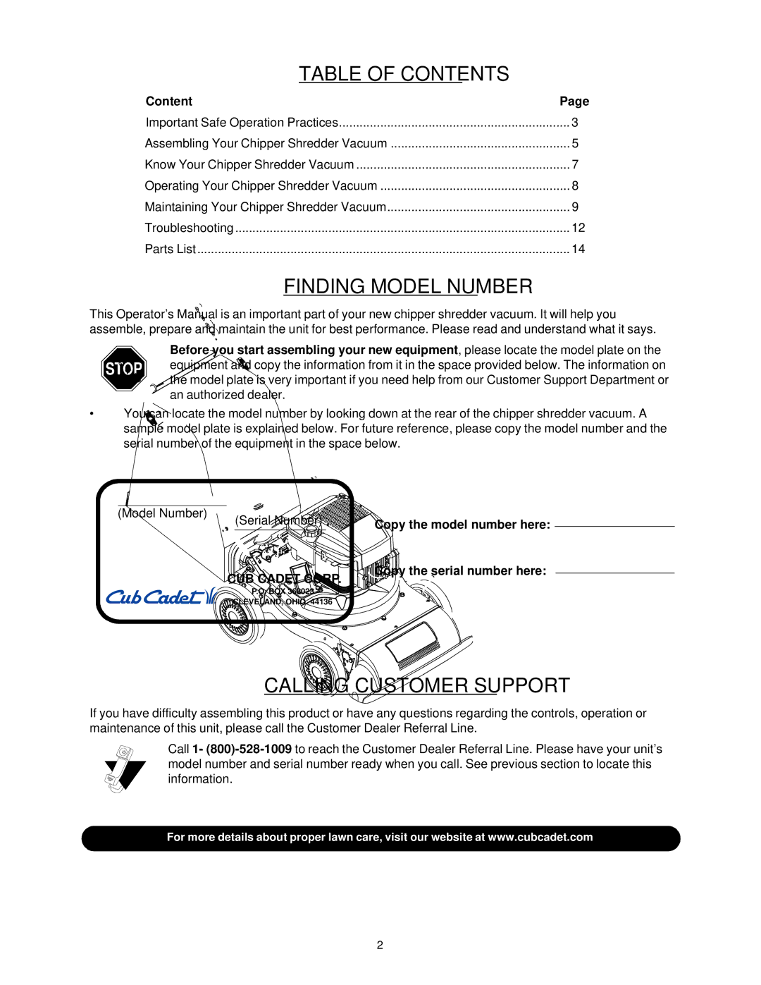 Cub Cadet 24A-030E100 manual Table of Contents 