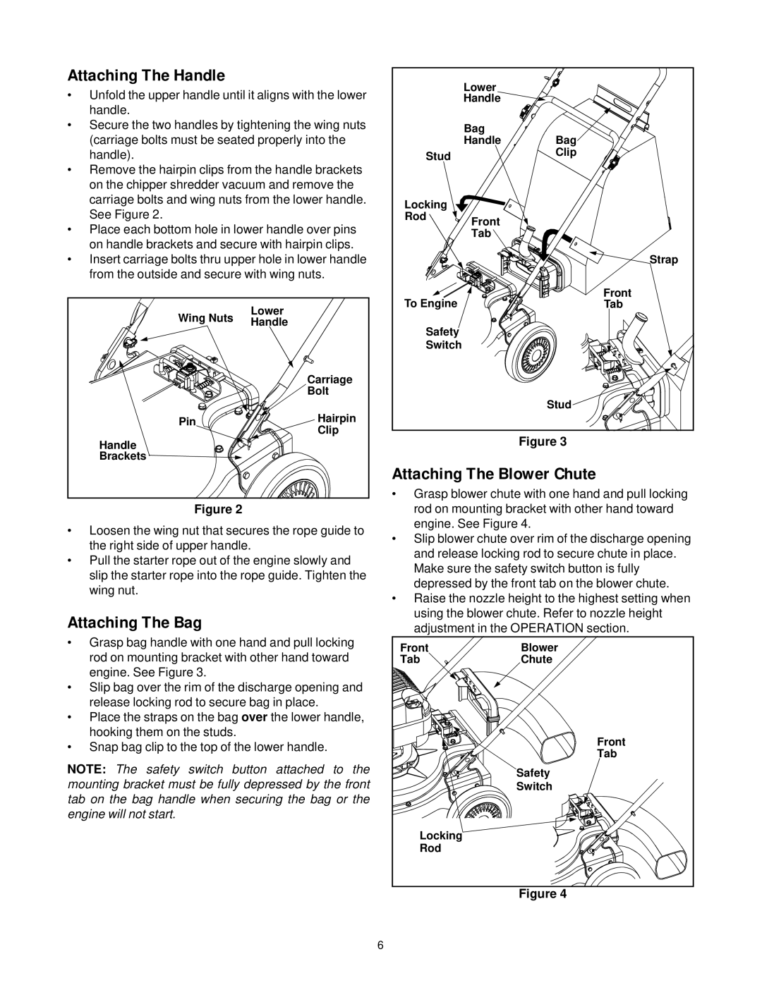 Cub Cadet 24A-030E100 manual Attaching The Handle, Attaching The Bag, Attaching The Blower Chute 