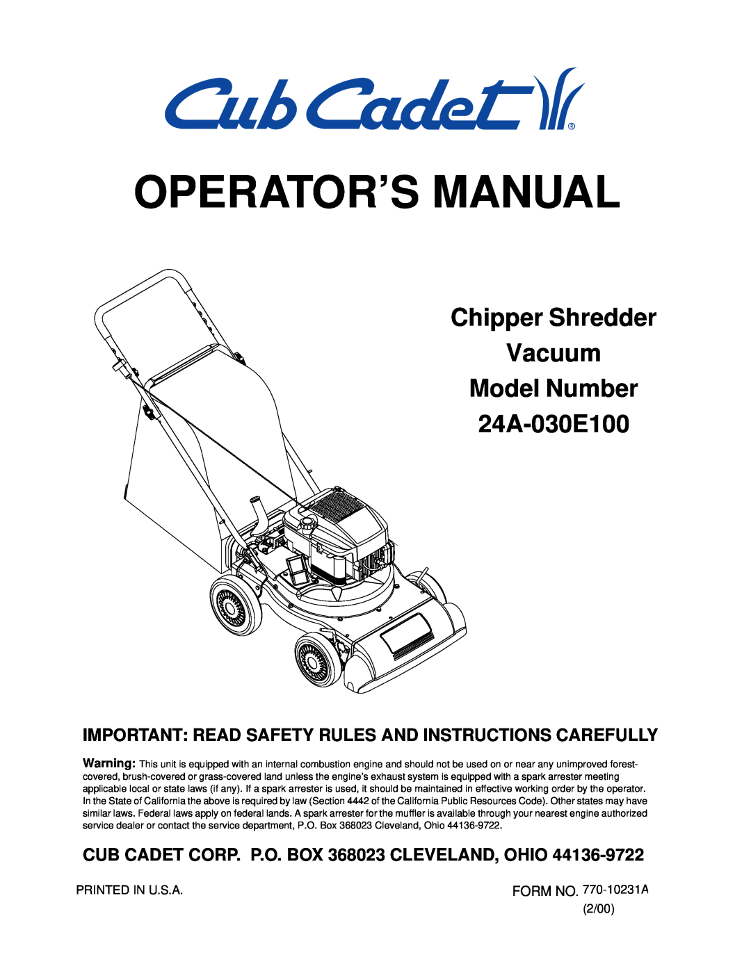 Cub Cadet manual Operator’S Manual, Chipper Shredder Vacuum Model Number 24A-030E100 
