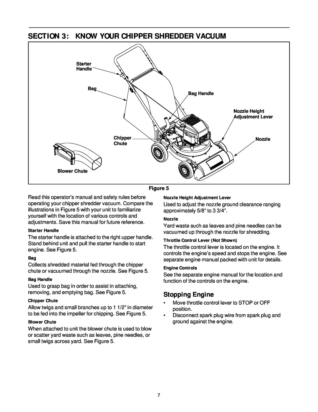 Cub Cadet 24A-030E100 manual Stopping Engine, Know Your Chipper Shredder Vacuum, Starter Handle, Bag Handle, Chipper Chute 